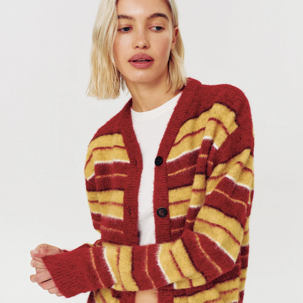 HAIRY STRIPE KNIT CARDIGAN RED