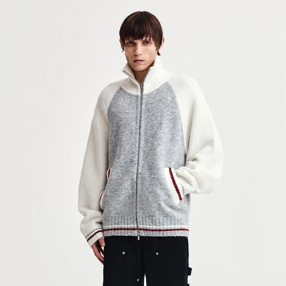 HIGH NECK RAGLAN KNIT ZIP UP FOR MEN IN IVORY