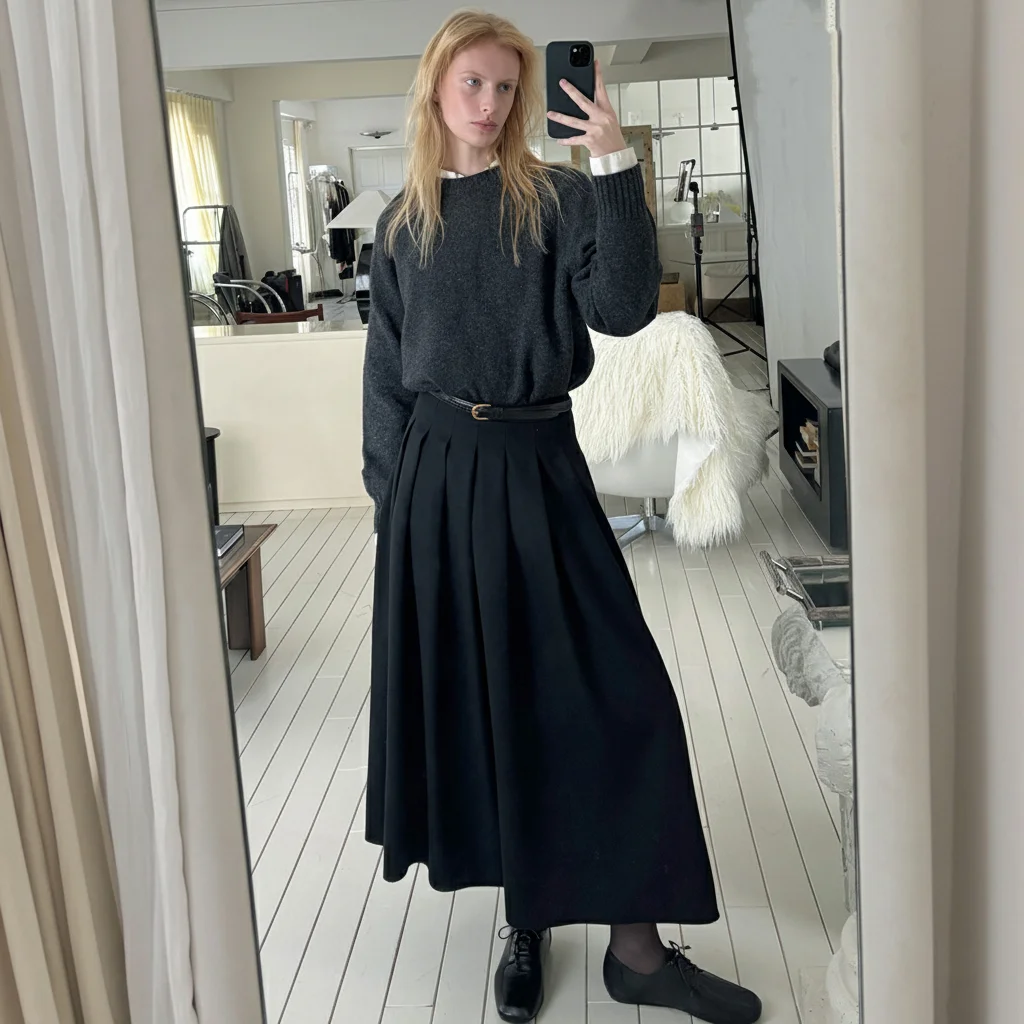 WOOL FLANNEL PLEATS SKIRT_BLACK