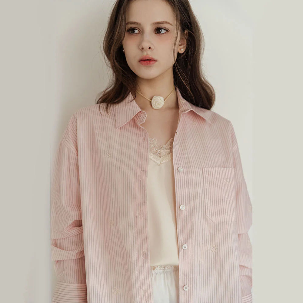 Stripe Embroidery Pink Shirts