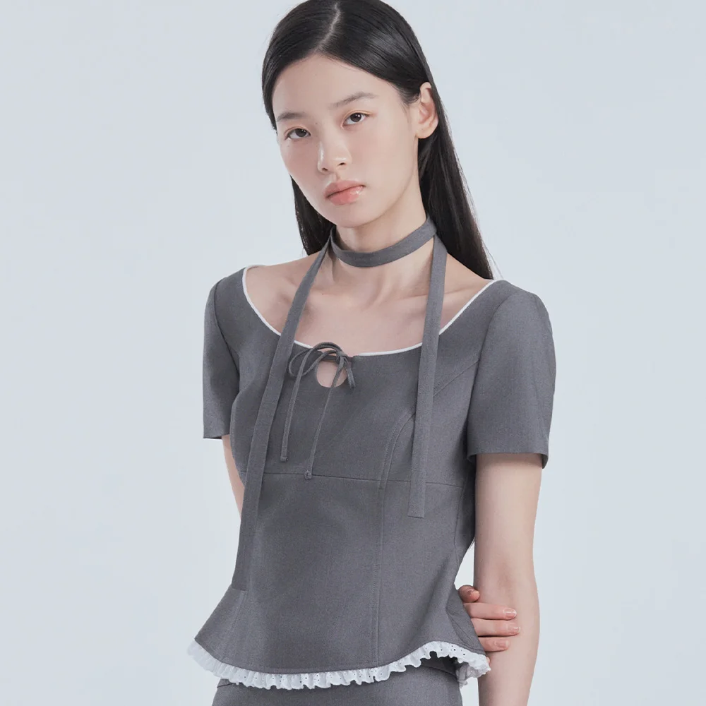 Eileen Laced Suit Blouse Top - Grey