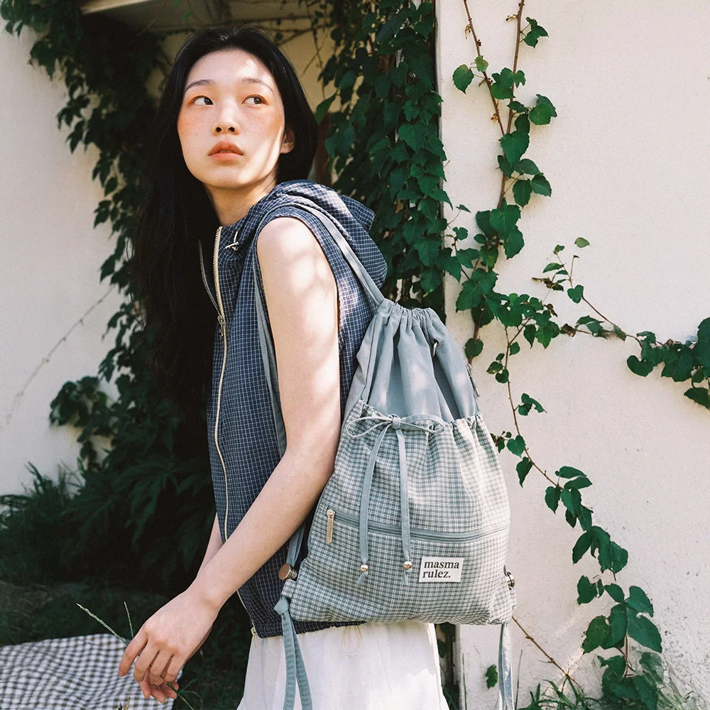 Ribbon gym sack_Check fog blue