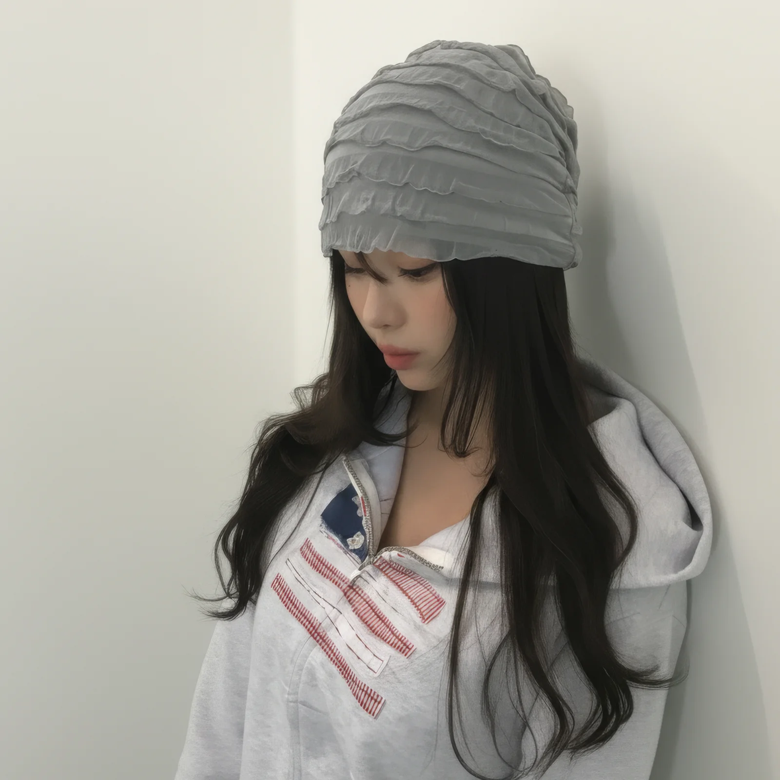 (W) USA FLAG APPLIQUE ZIP HOODIE - LIGHT GRAY