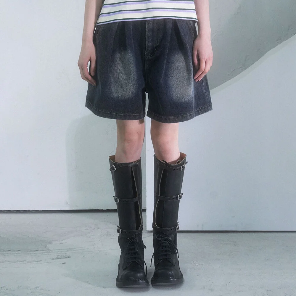 Double Wrinkle Denim Shorts DEEP BLUE