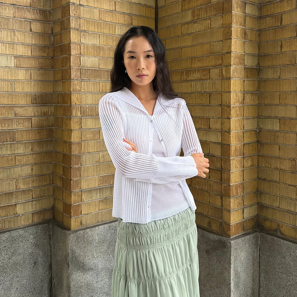 珠光網眼 開襟外套+羅紋上衣 亮白
