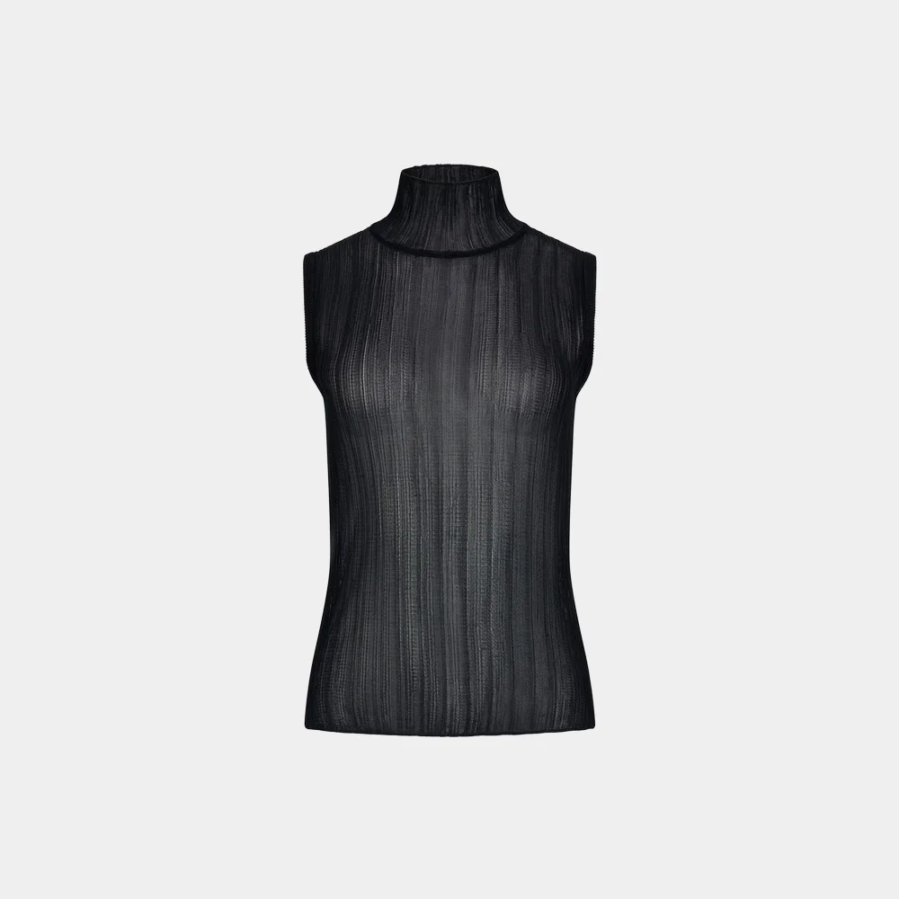(W) TRANSPARENT HIGH NECK KNIT TOP - BLACK
