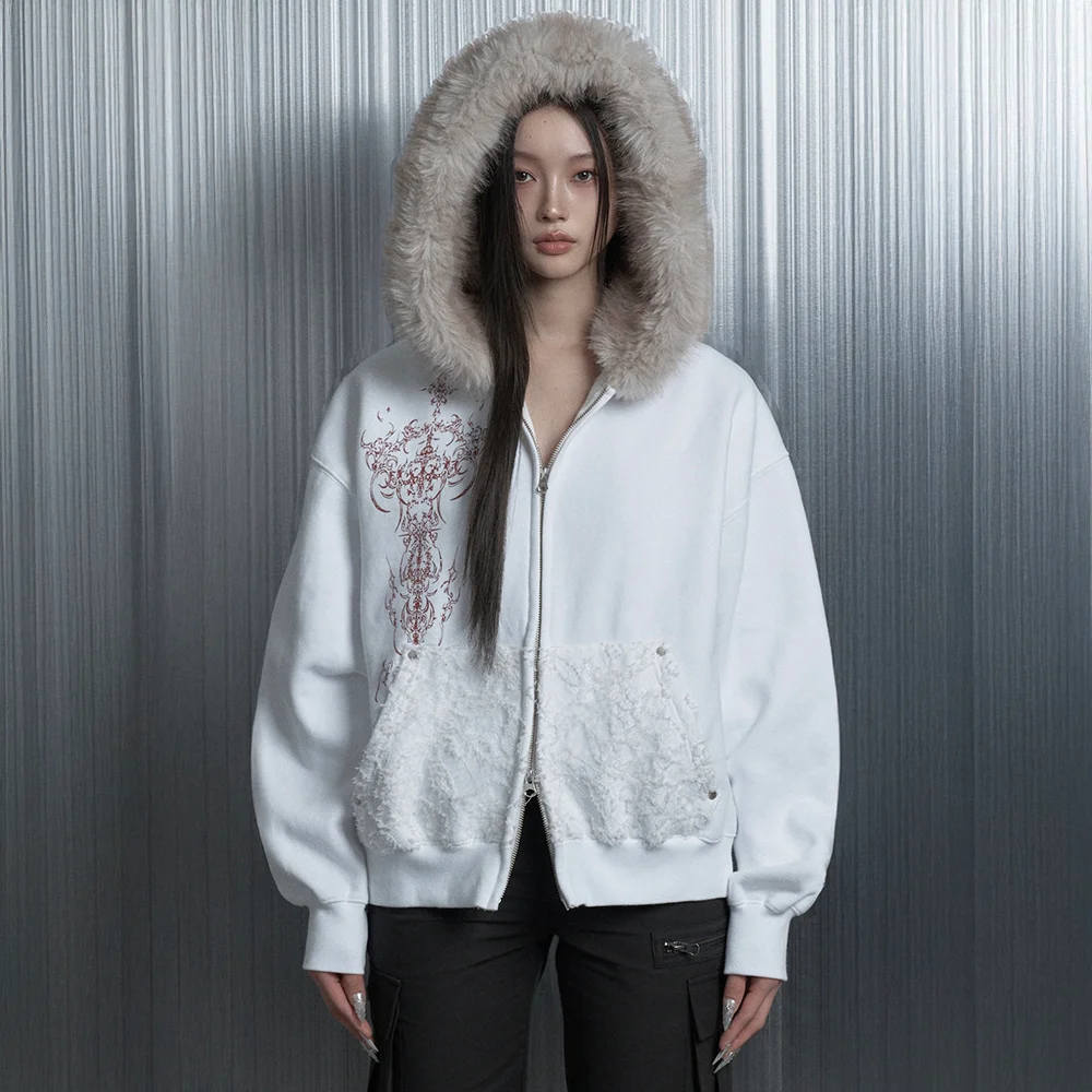 Printing Lace Soft Fur Hood Zip-Up (White)