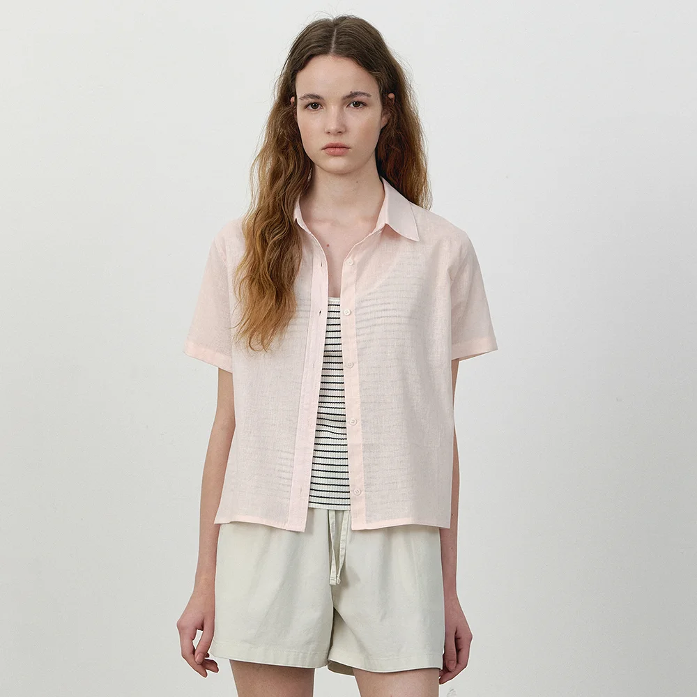 Natural linen half sleeve shirt_Pink
