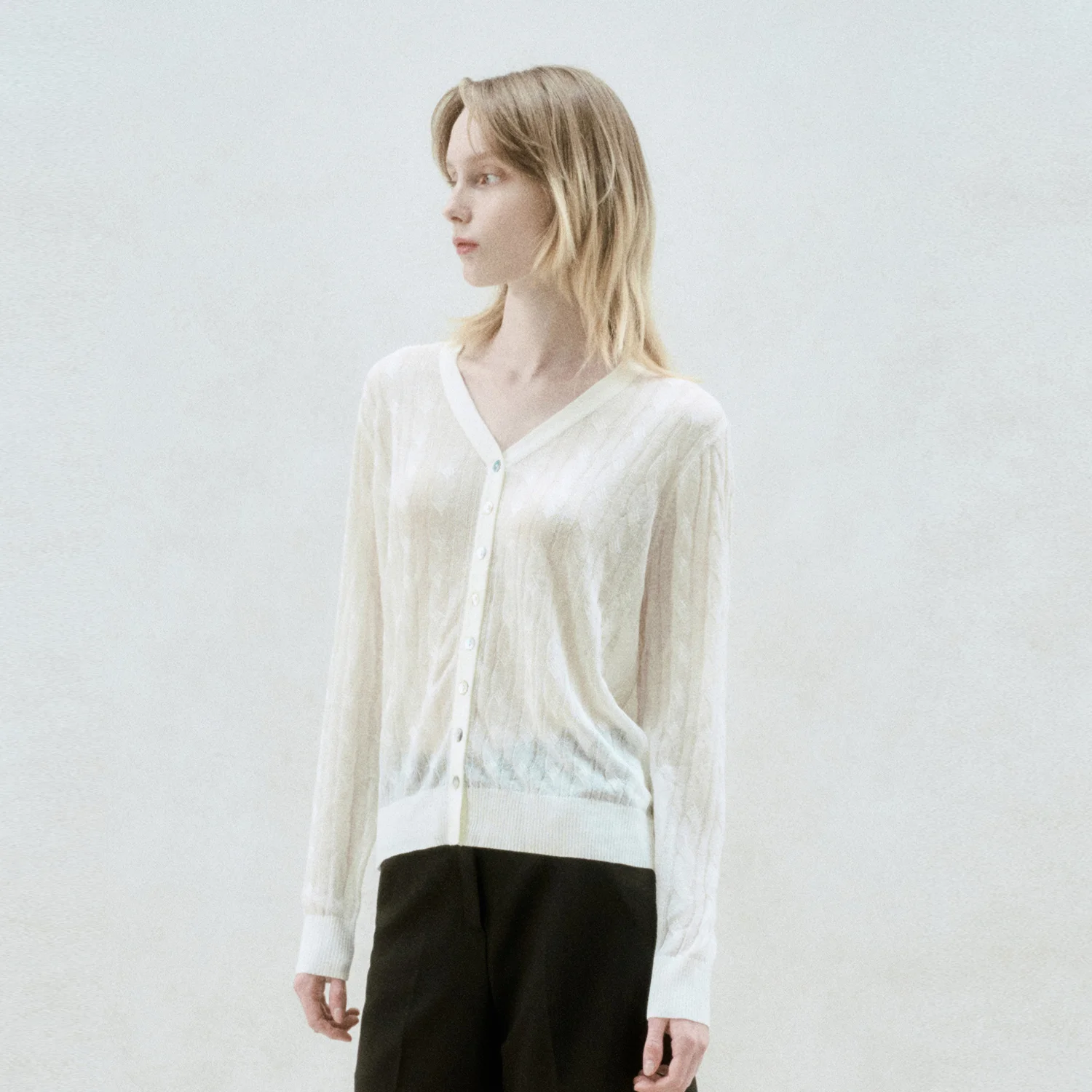 LINEN BLEND CABLE KNIT SHEER CARDIGAN CREAM