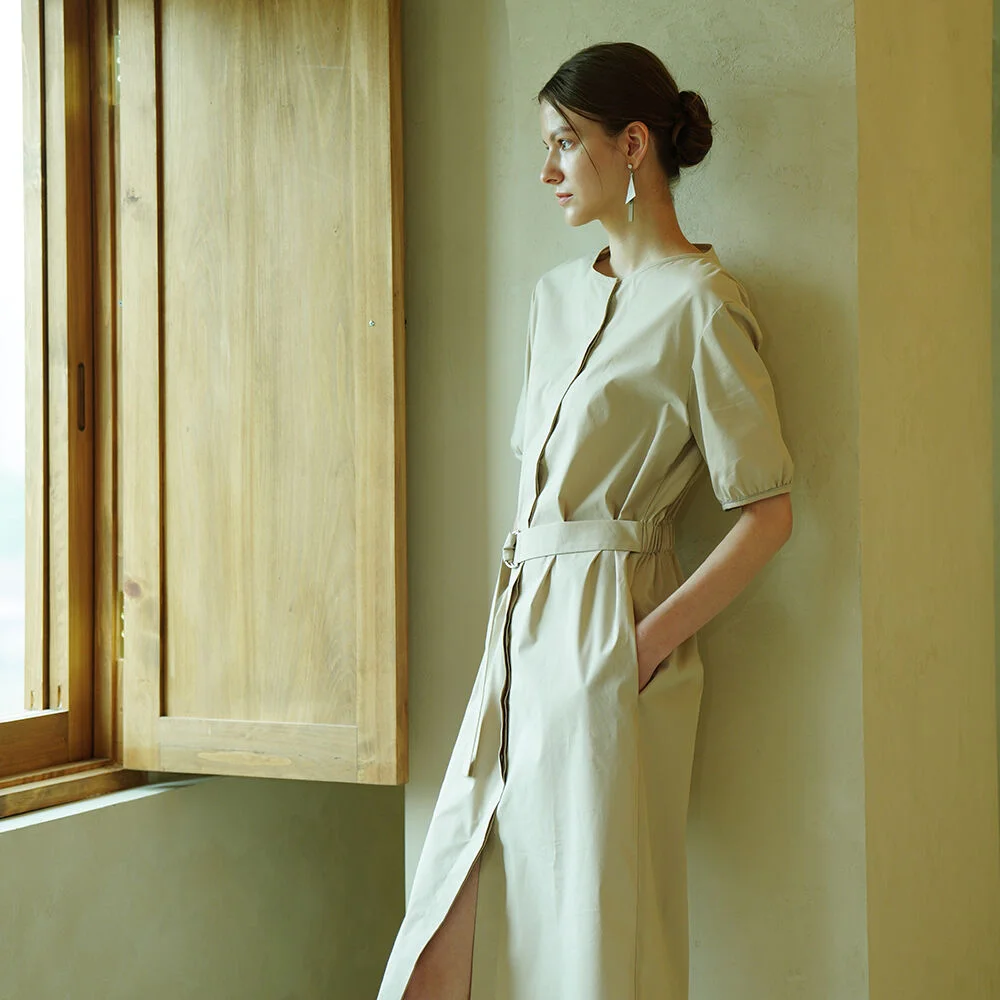 Chain Detail Round Neck Shirt Dress _ Beige