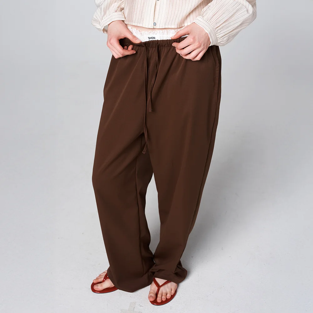 Lace Layered Drawstring Wide Pants Brown