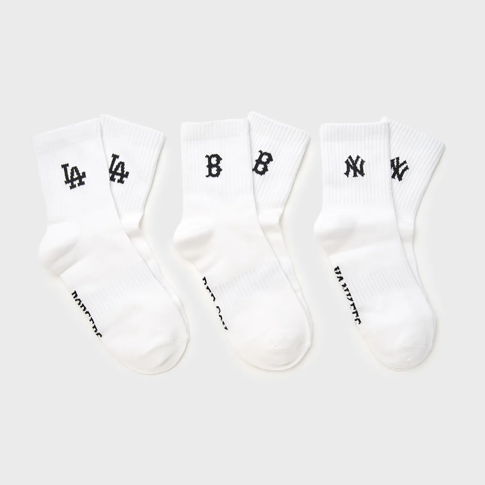 日常 小標誌 中筒襪 3雙套裝 MLB (White)