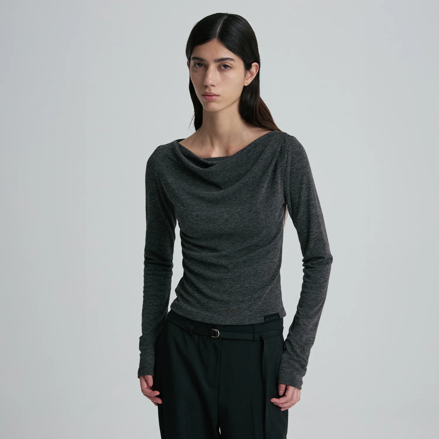 COWL-NECK FITTED LONG-SLEEVE TOP CHARCOAL