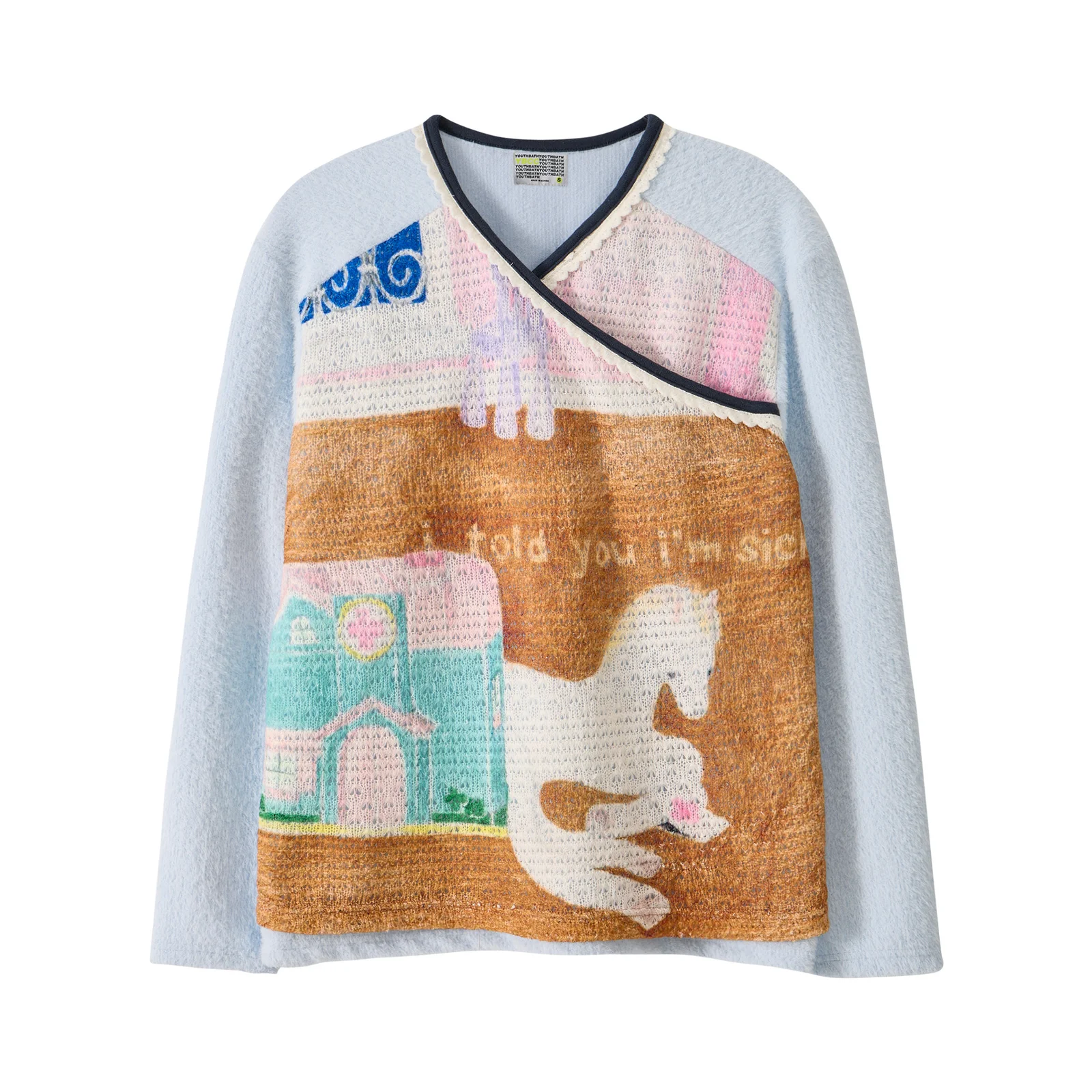 V-Neck Lace Knit Long Sleeve_Light Blue Horse