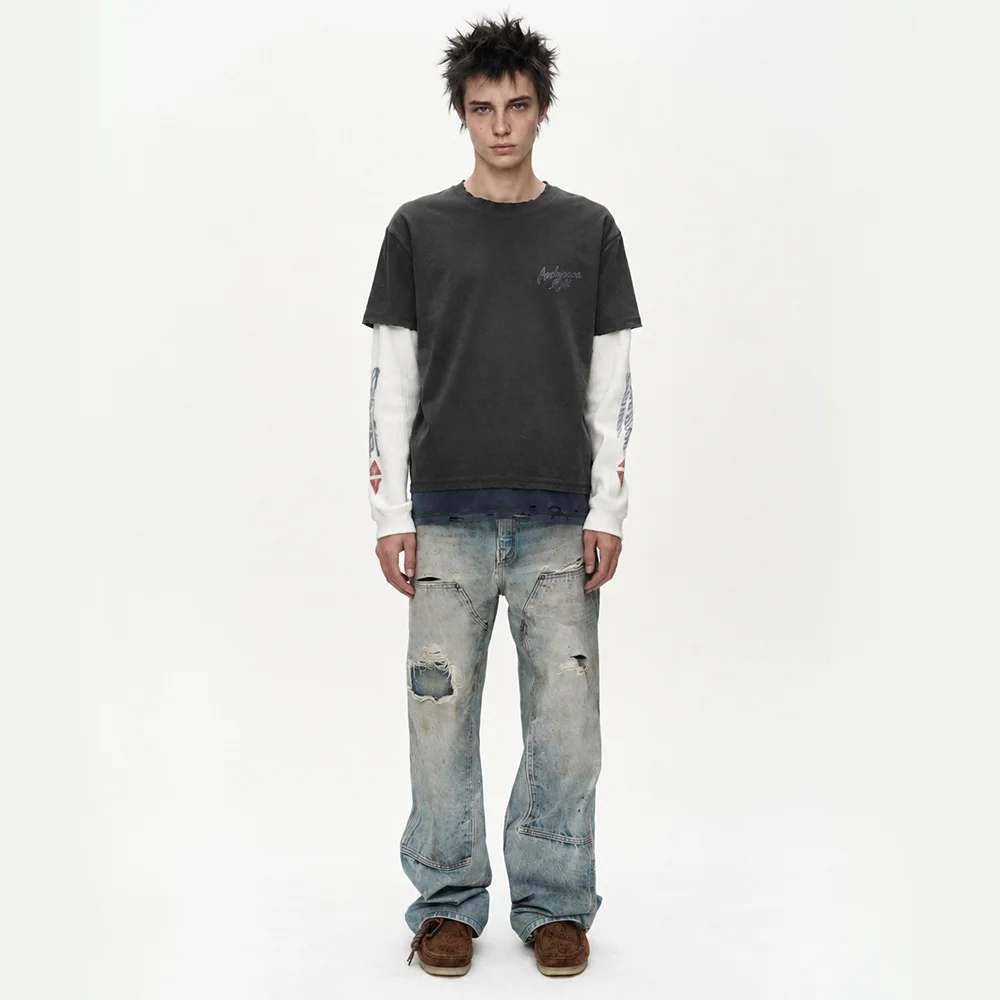 DISTRESS LAYERED LONG SLEEVE T-SHIRT (CHARCOAL)