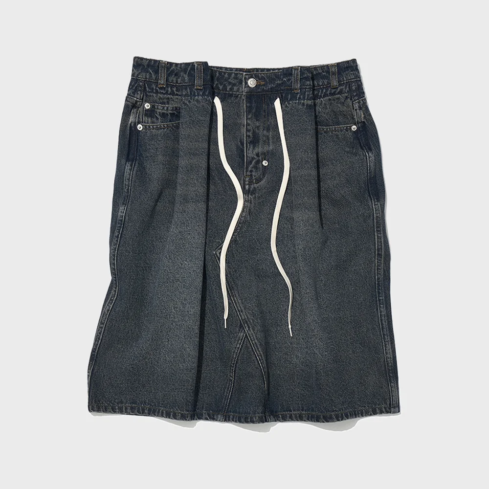 DRAWSTRING DENIM MIDI SKIRT_DARK BLUE