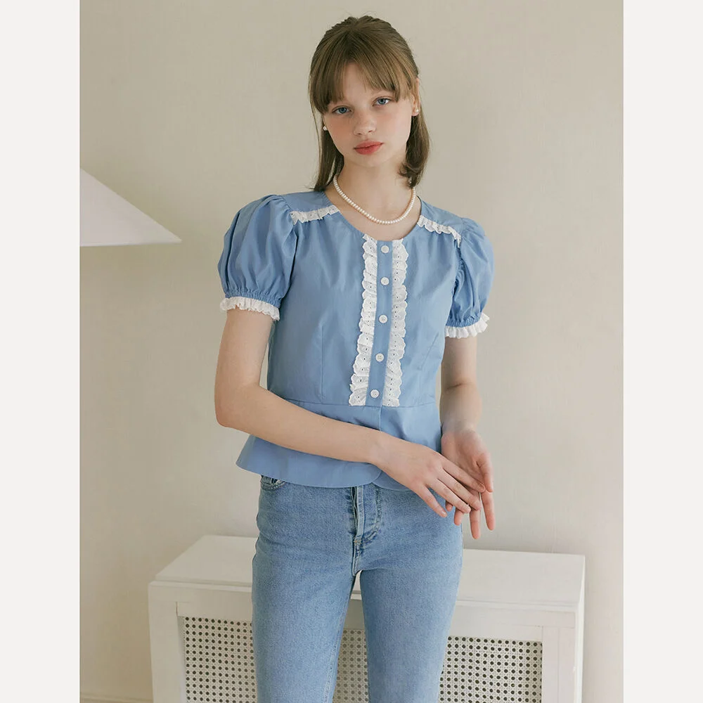 BUTTON LACE BLOUSE - SKYBLUE