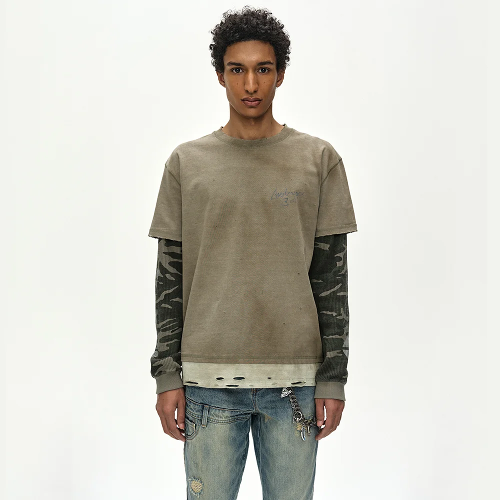 DISTRESS LAYERED LONG SLEEVE T-SHIRT (BEIGE)