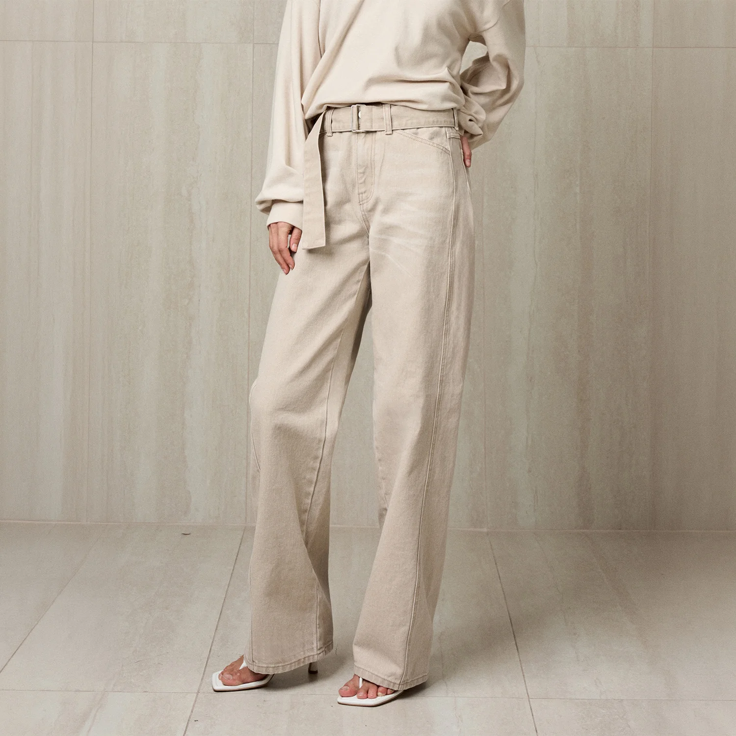 BELTED DENIM PANTS SAND