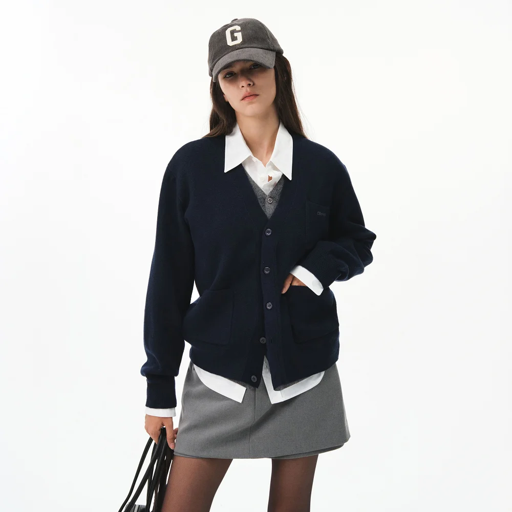 26FW ELI V-NECK DOUBLE CARDIGAN (NAVY)