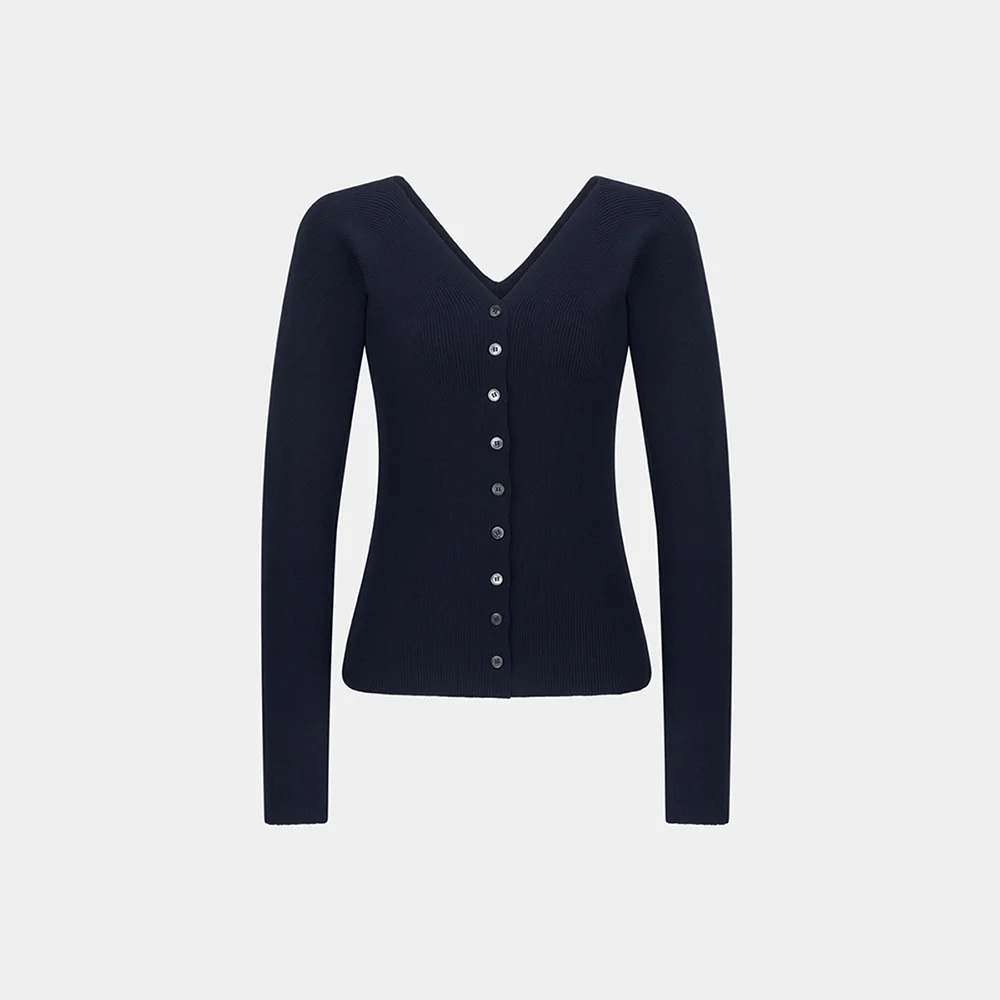 (W) V-NECK RIBBED KNIT CARDIGAN - DARK NAVY