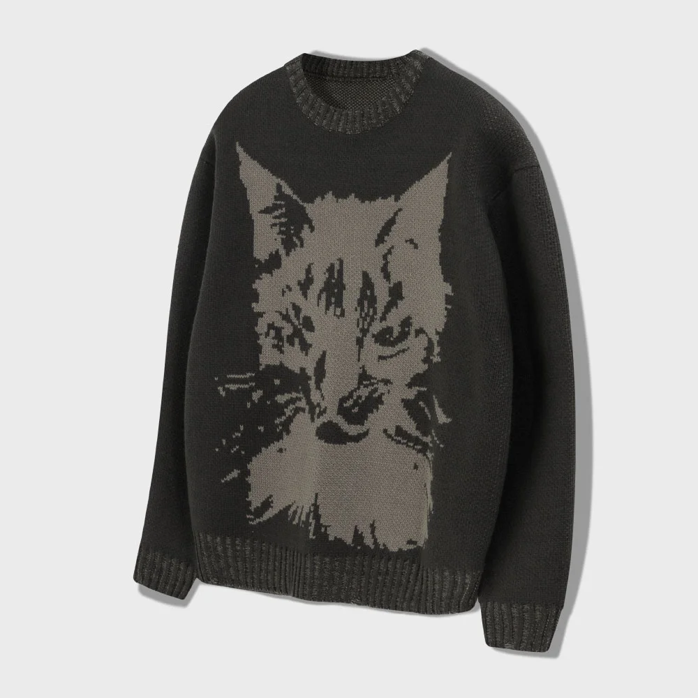 Cat Graphic Distressed Knit (Deep Khaki)