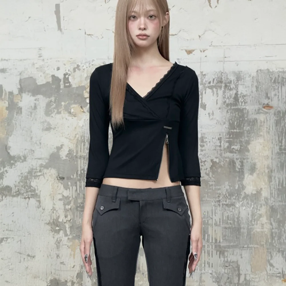 Lace Trim Button Wrap Long Sleeve (Black)