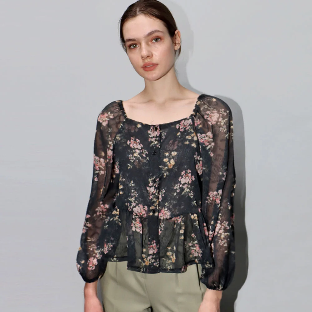 黑色 花卉 露肩_Black Flower Off Shoulder