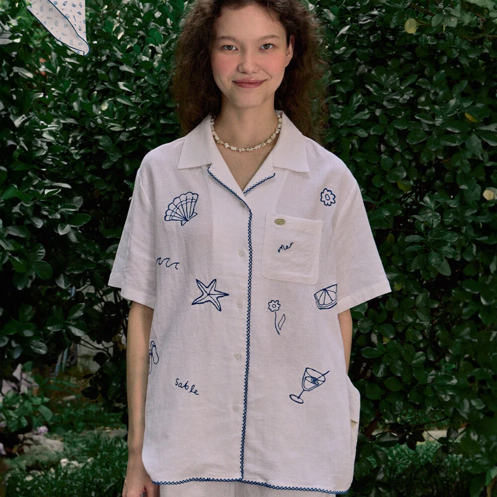 Seaside Embroidery Half Sleeve Shirt - White