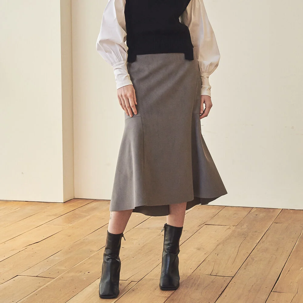 SUEDE MERMAID LINE FLARED SKIRT_GREY