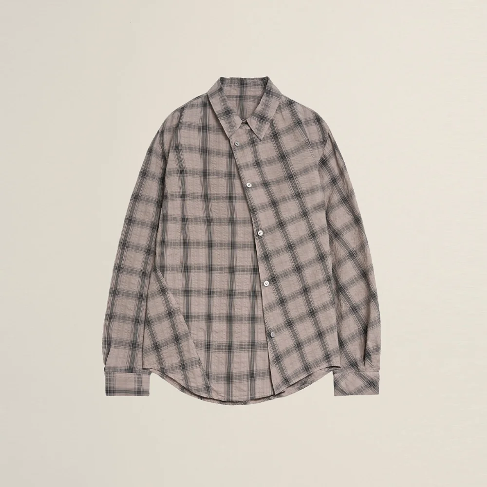 MENS GARMENT DYED CURVED CHECK SHIRT MODERN MOCHA