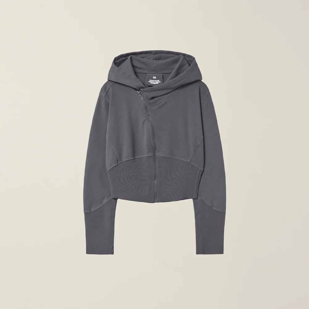 WOMENS GARMENT DYED CURVED HOODED ZIP JACKET SLATE GREY