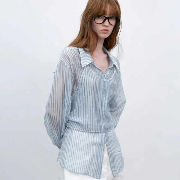STRIPE RIBBON BUSTIER BLOUSE (BL-4388)