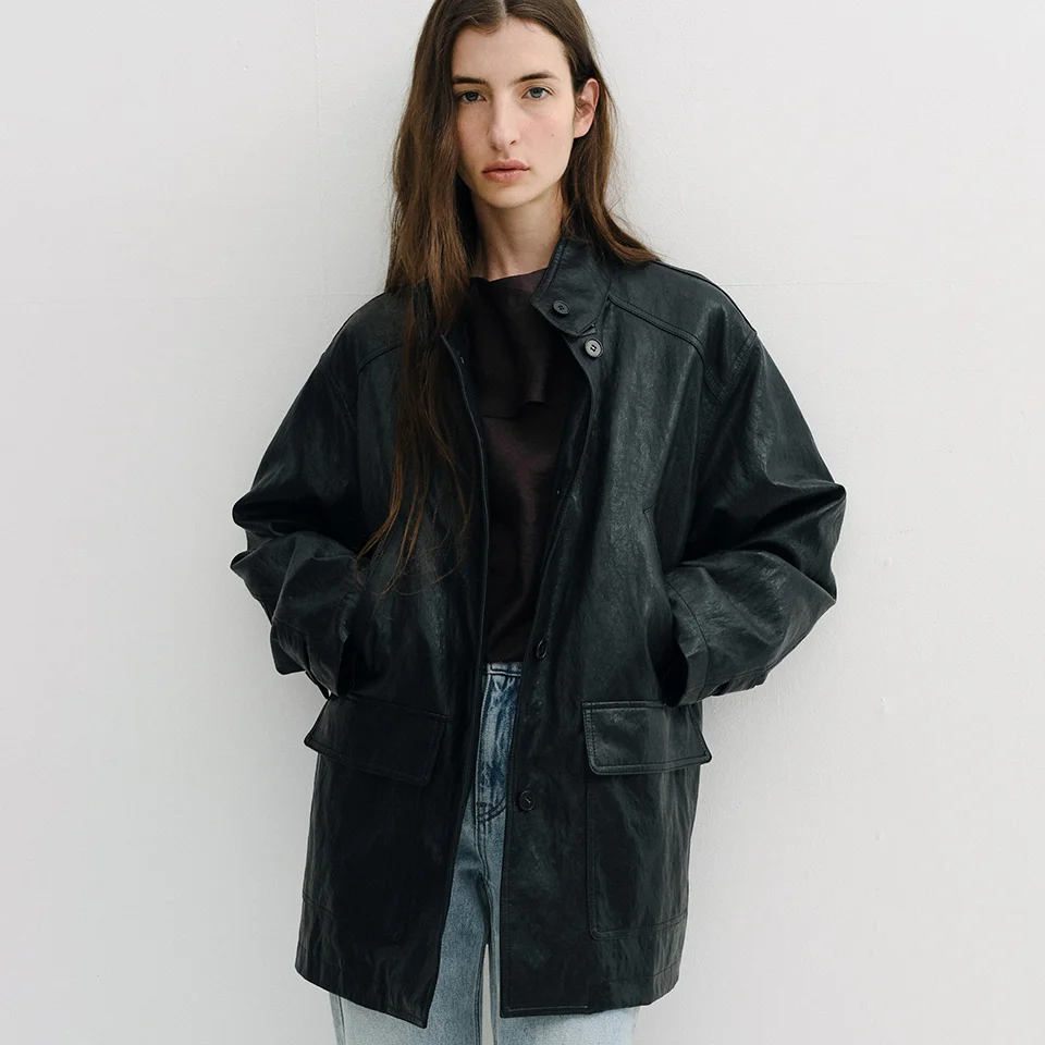 padded vintage leather half coat (black)
