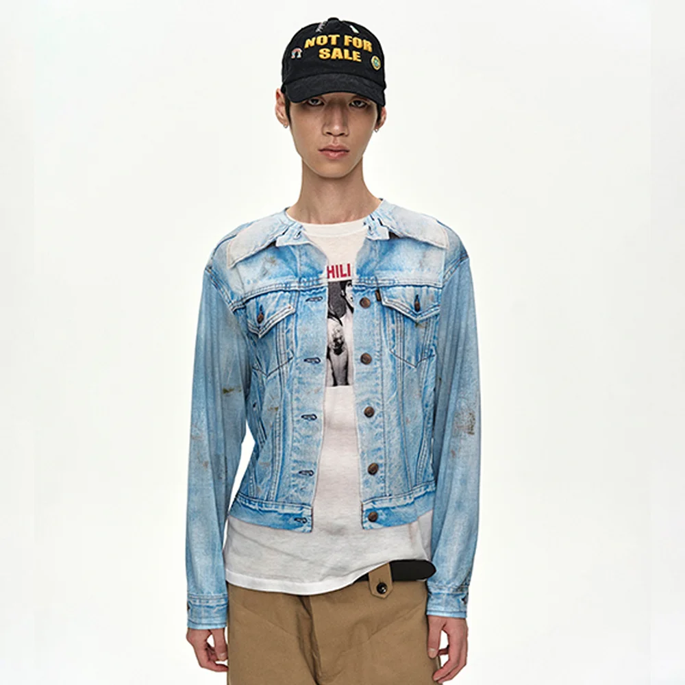 UNISEX DENIM JACKETED TROMPE-LOEIL L/S T-SHIRT atb1548u(BLUE/WHITE)