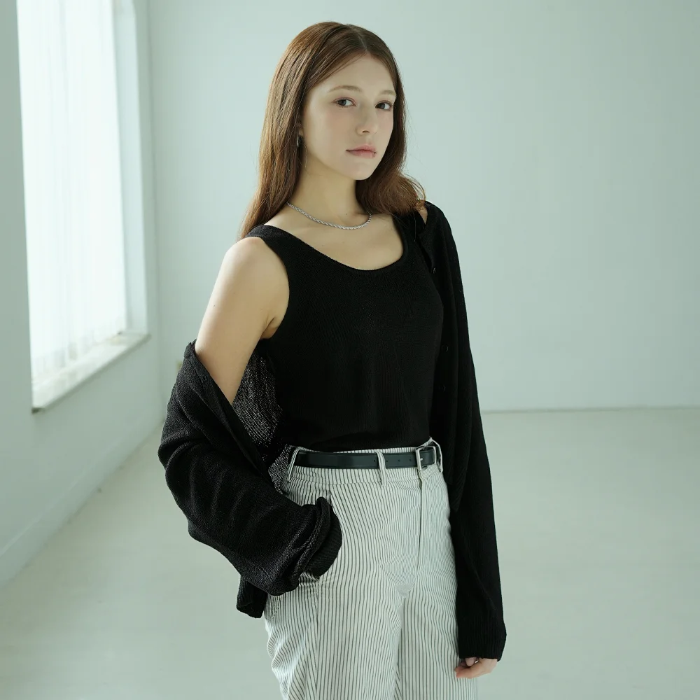 Linen Sleeveless Cardigan Knit Set-up (black)