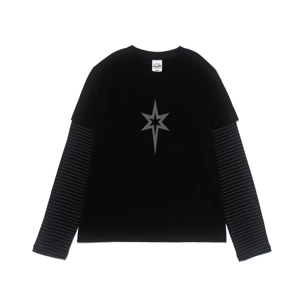 星星 層次 長袖 T恤 (黑色/炭灰色)