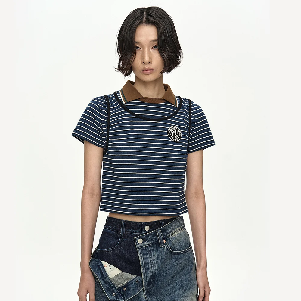 SHIRRING BINDING STRIPE COLLAR TOP atb1559w(BLUE)