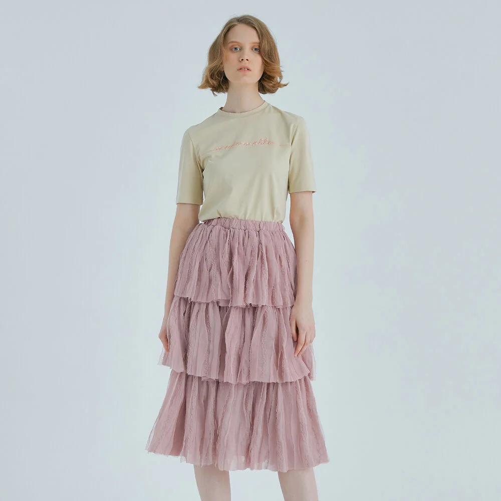 TREE TIERED LACE SKIRT - PINK