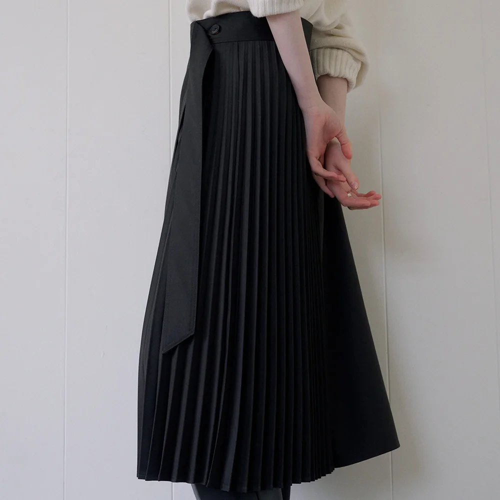 PLEATS BELTED SKIRT_KHAKI BROWN
