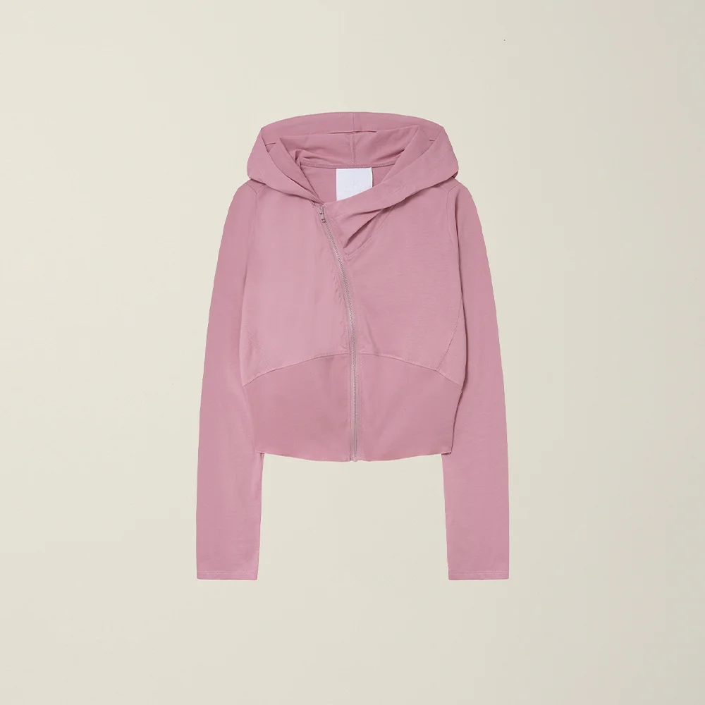 WOMENS CURVED HOODED COTTON ZIP JACKET (LIGHT FABRIC) POWDER PINK