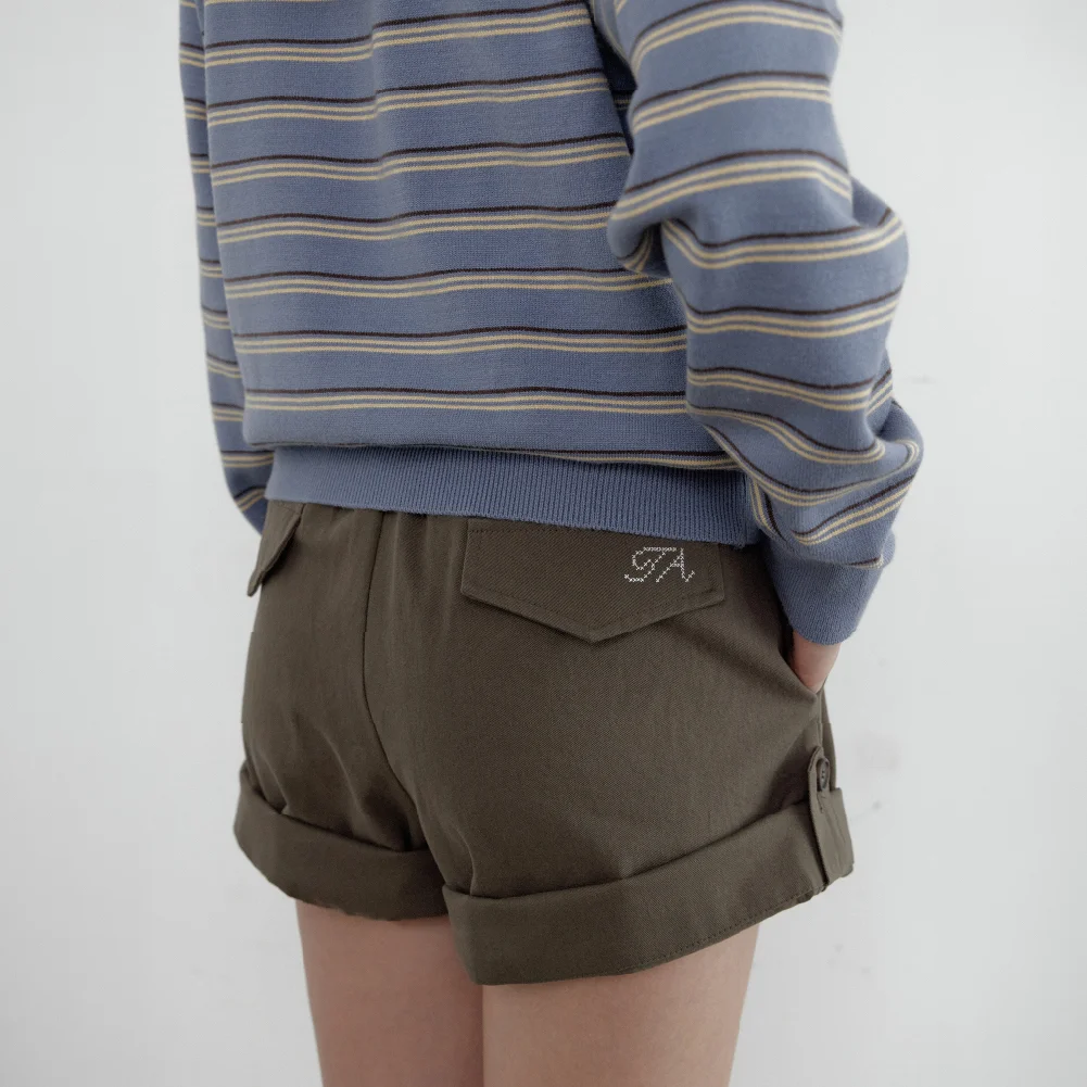 Roll-Up Cotton Half Pants (Khaki brown)