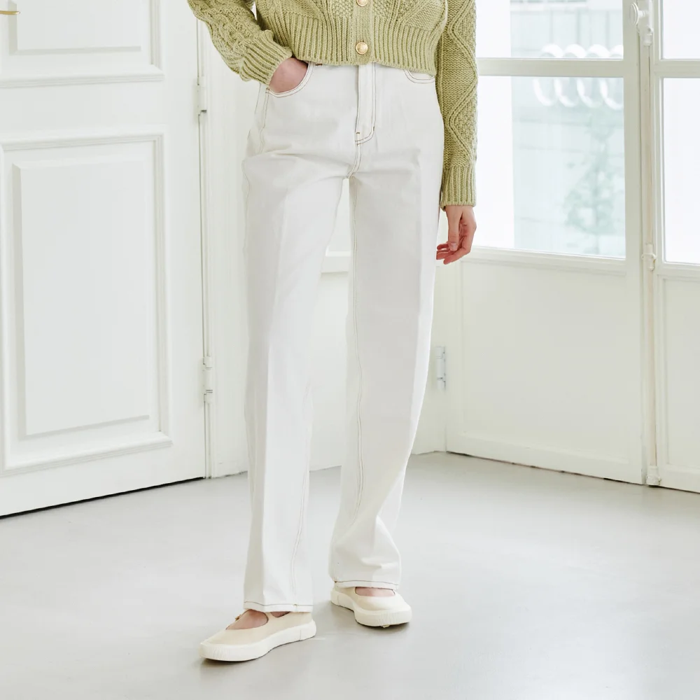 Straight Stitch Denim Pants - Cream