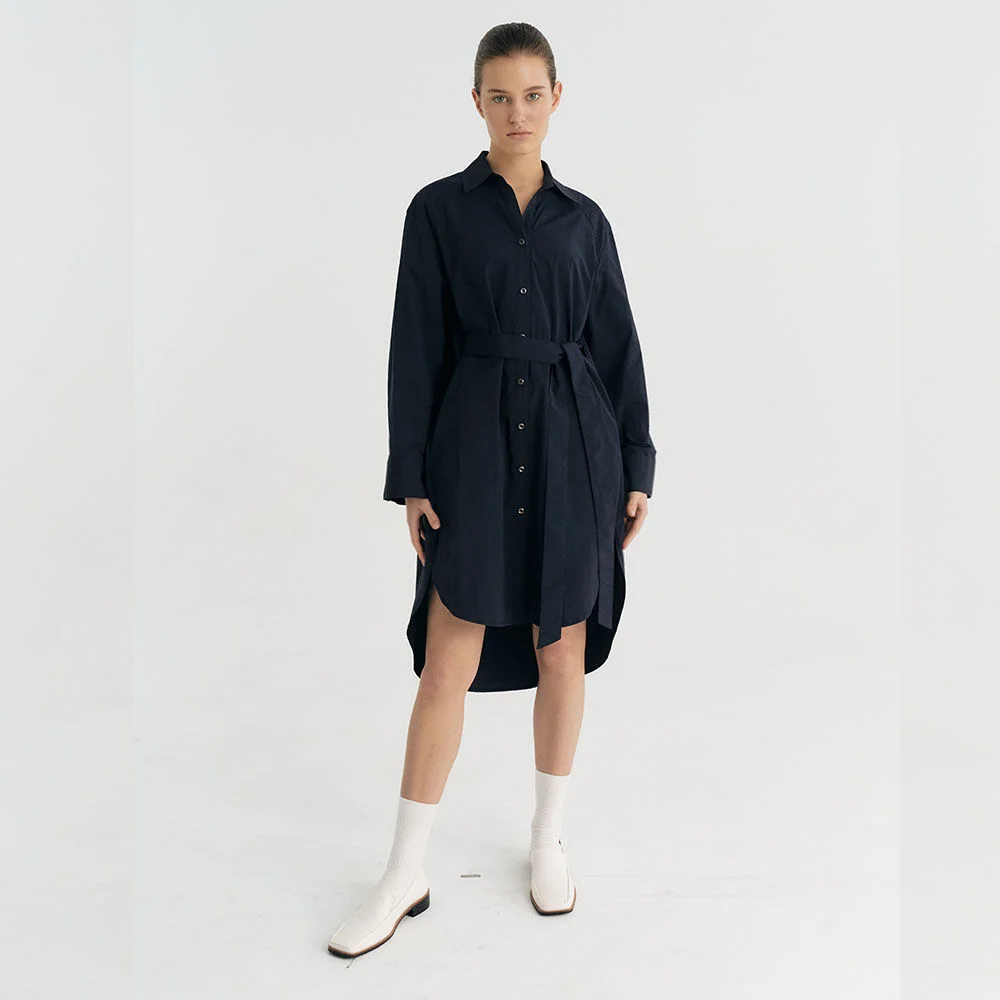 Nylon-blend Oversize Belt Shirt Dress (Navy)