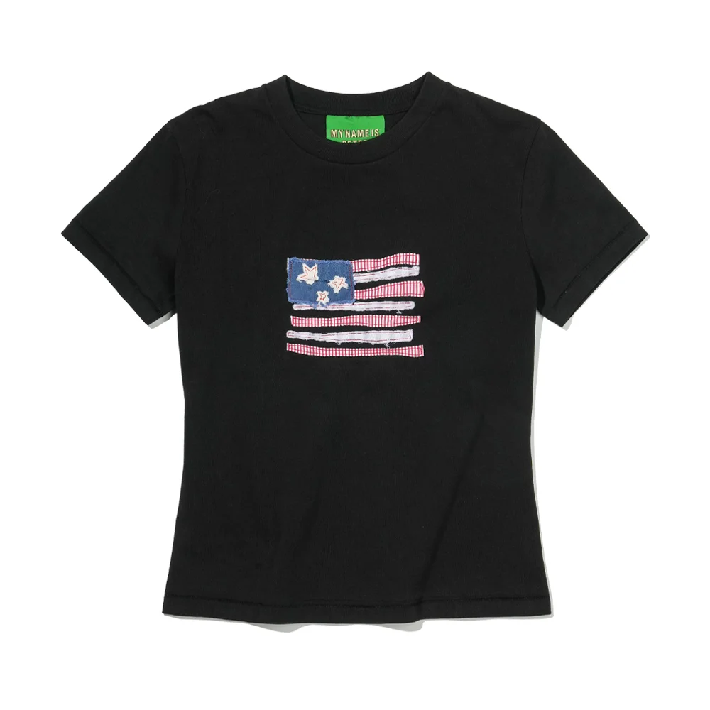 (W) USA FLAG APPLIQUE T-SHIRT - BLACK