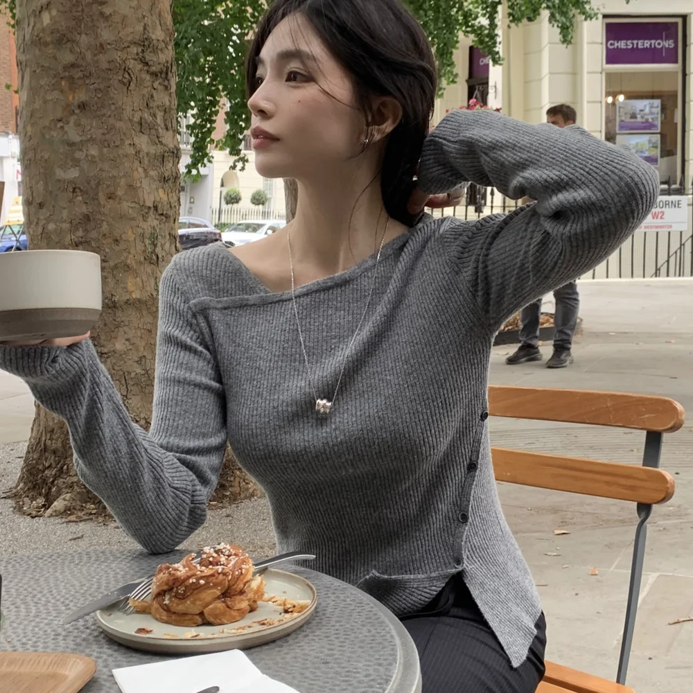 comos 1526 oblique-line slit knit (melange gray)