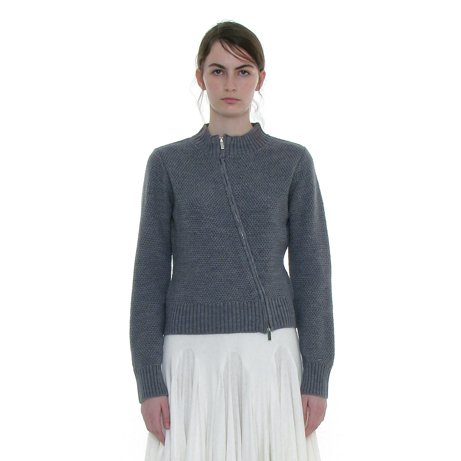 ASSYMETRIC ZIP-UP KNIT CARDIGAN_MELANGE