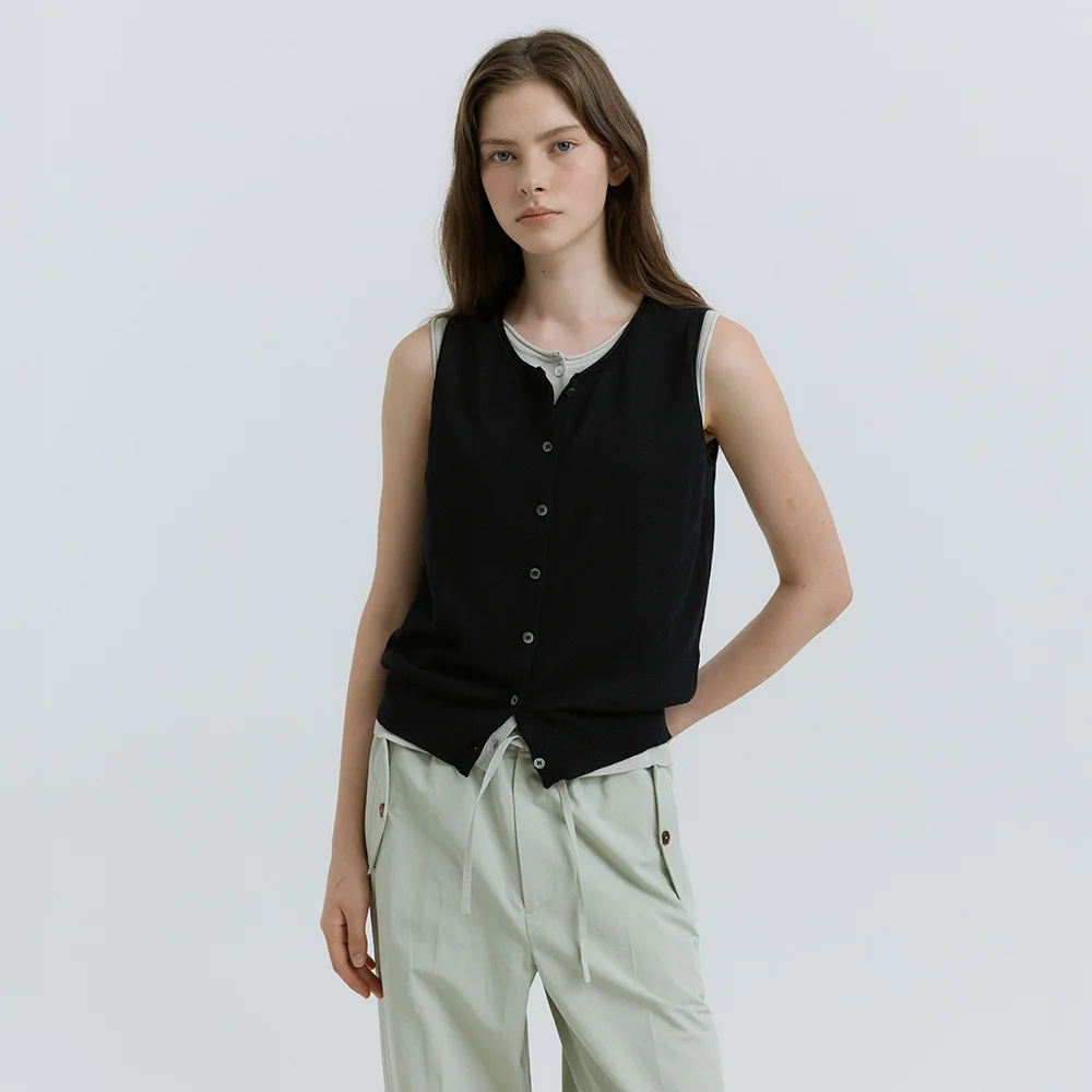 Paper Button Sleeveless Knit (Black)