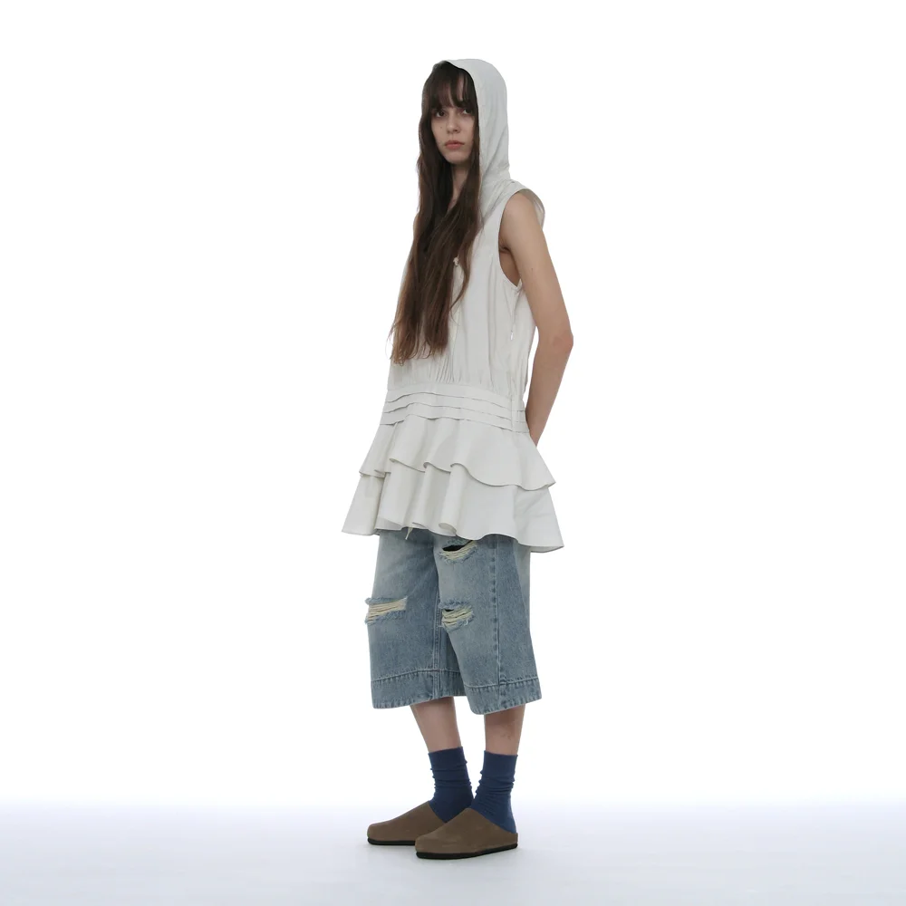 HOODED RUFFLE-HEM TUNIC DRESS_ECRU