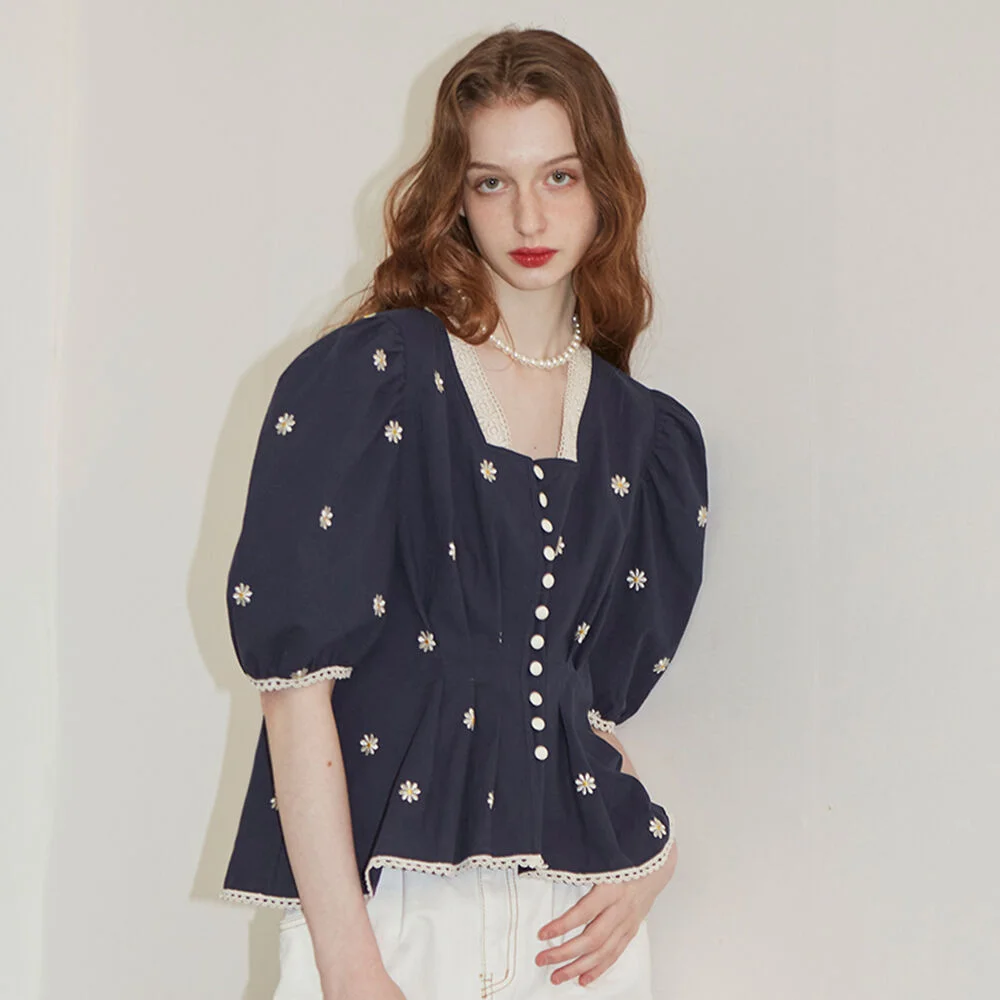 Round Sleeve Embroidered Square Blouse